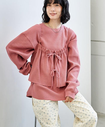 【套裝商品】華夫格長袖T恤與吊帶背心套裝