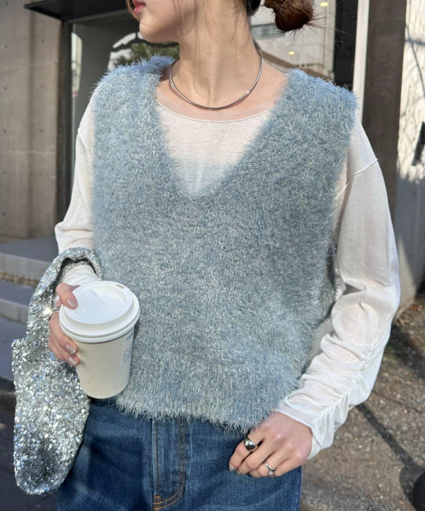 混合羽毛紗線短款背心