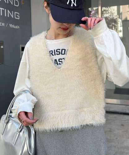 混合羽毛紗線短款背心