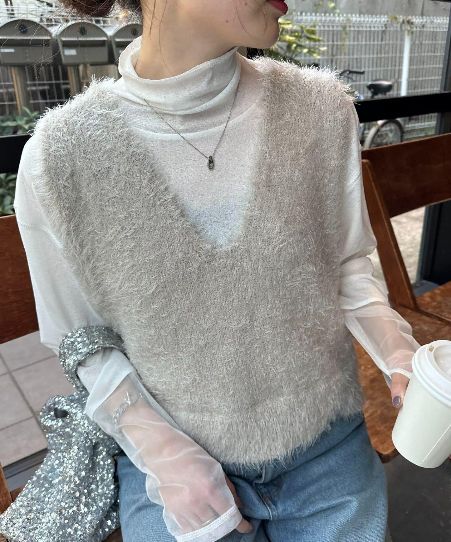 混合羽毛紗線短款背心