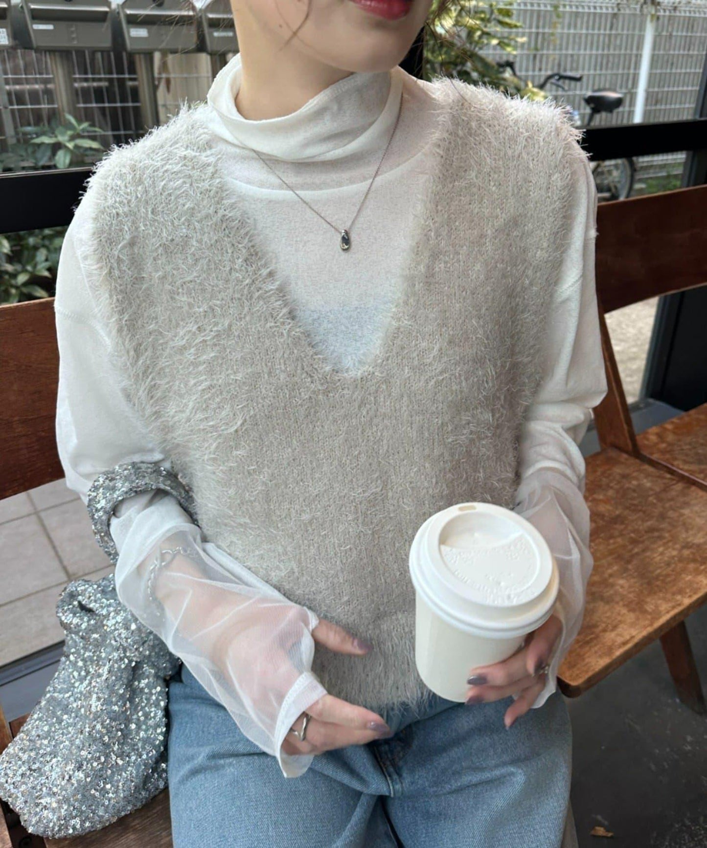 混合羽毛紗線短款背心