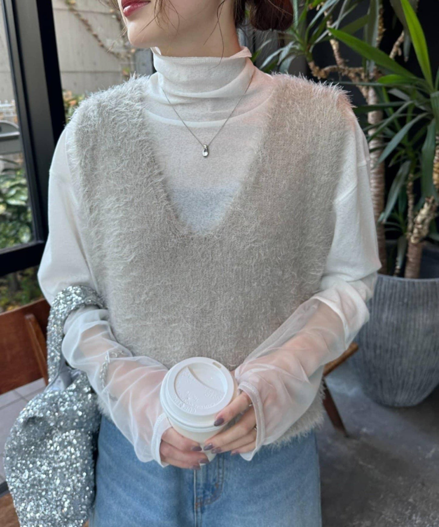 混合羽毛紗線短款背心