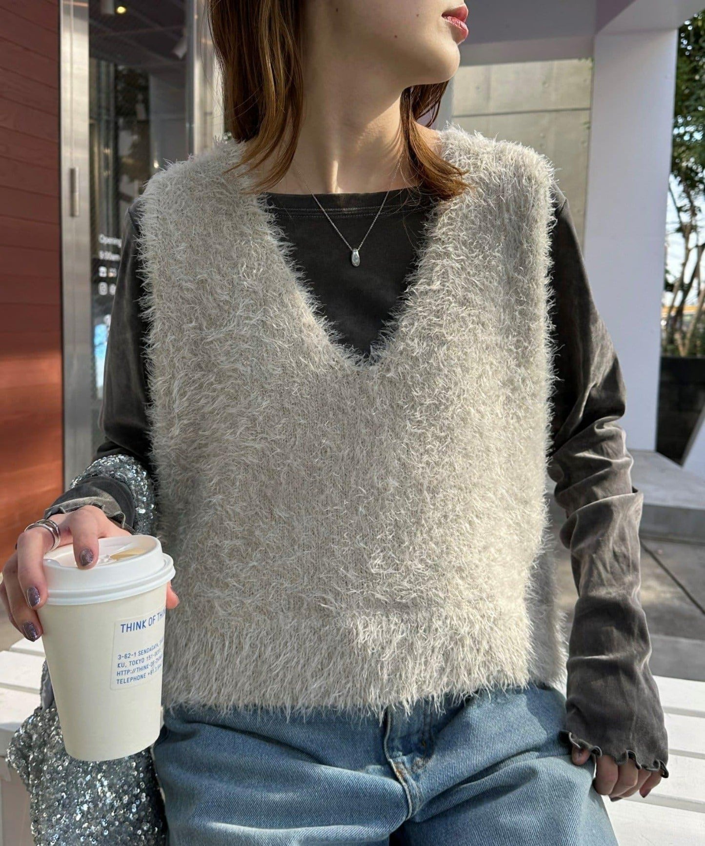 混合羽毛紗線短款背心