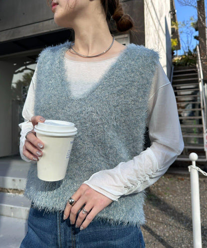 混合羽毛紗線短款背心