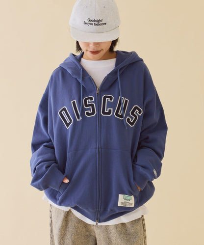 【DISCUS】標誌刺繡加絨全拉鍊連帽衛衣