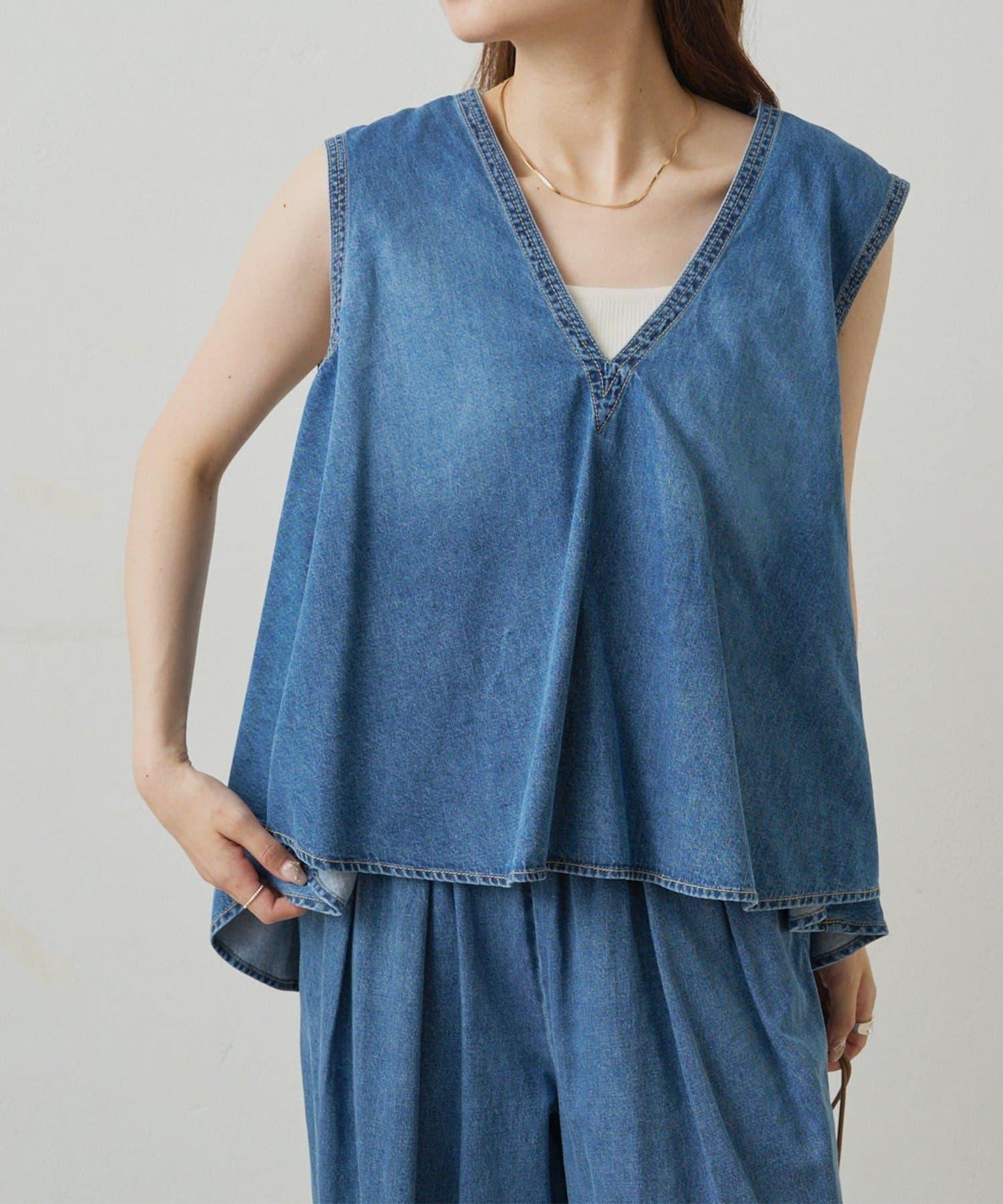 【套裝商品】牛仔喇叭袖上衣+休閒褲套裝