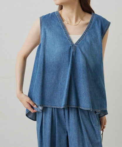 【套裝商品】牛仔喇叭袖上衣+休閒褲套裝