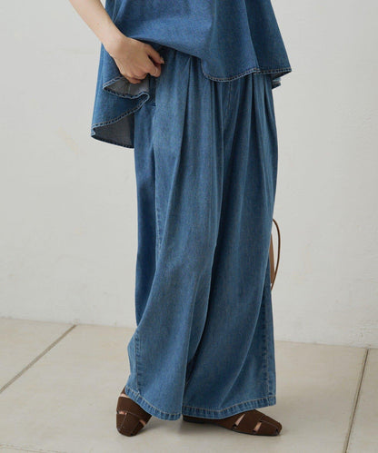 【套裝商品】牛仔喇叭袖上衣+休閒褲套裝