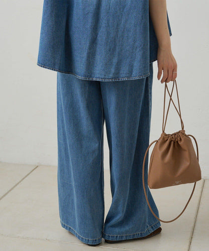 【套裝商品】牛仔喇叭袖上衣+休閒褲套裝