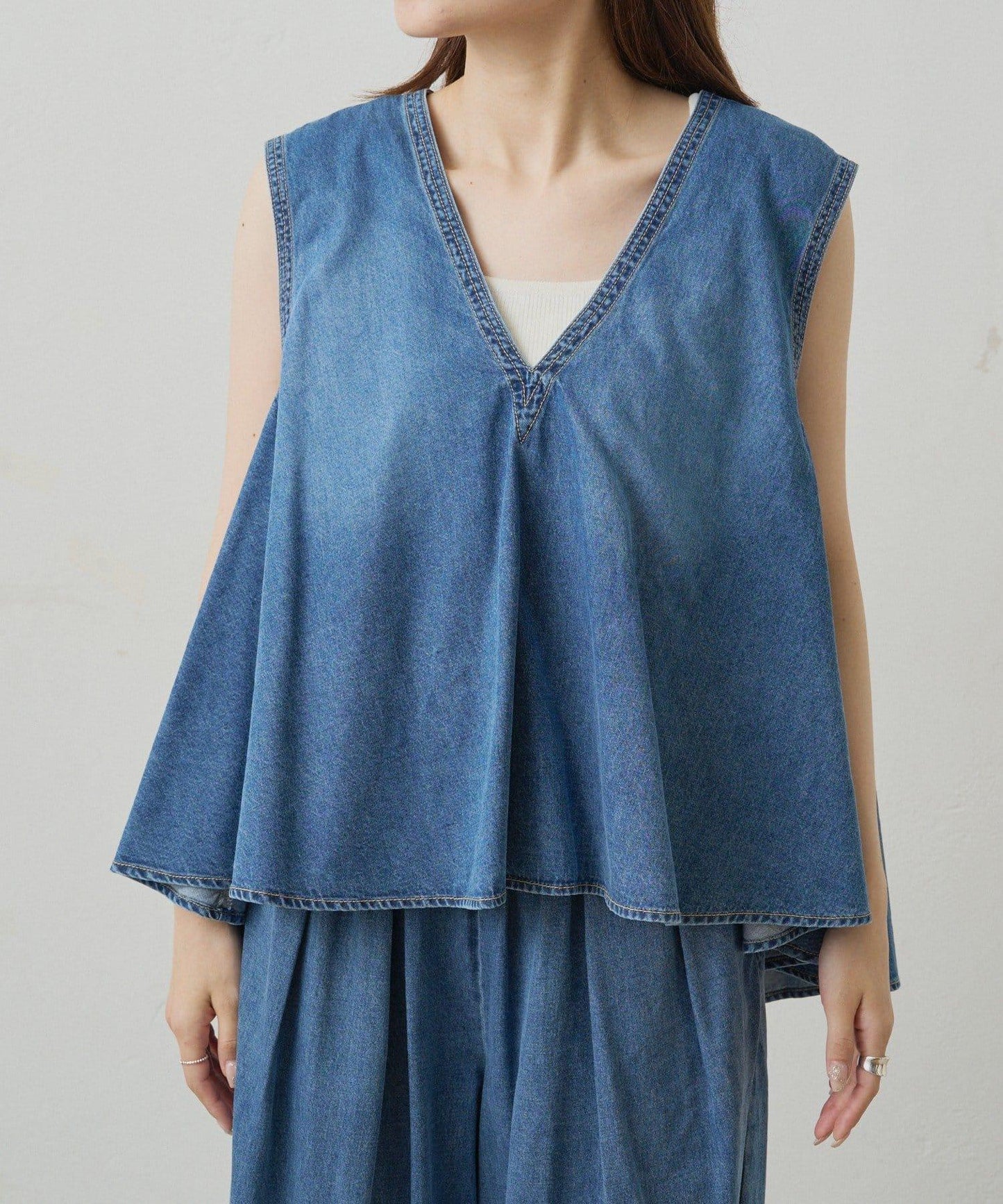 【套裝商品】牛仔喇叭袖上衣+休閒褲套裝