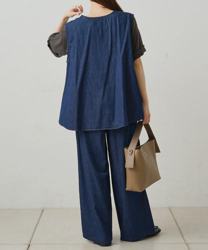 【套裝商品】牛仔喇叭袖上衣+休閒褲套裝