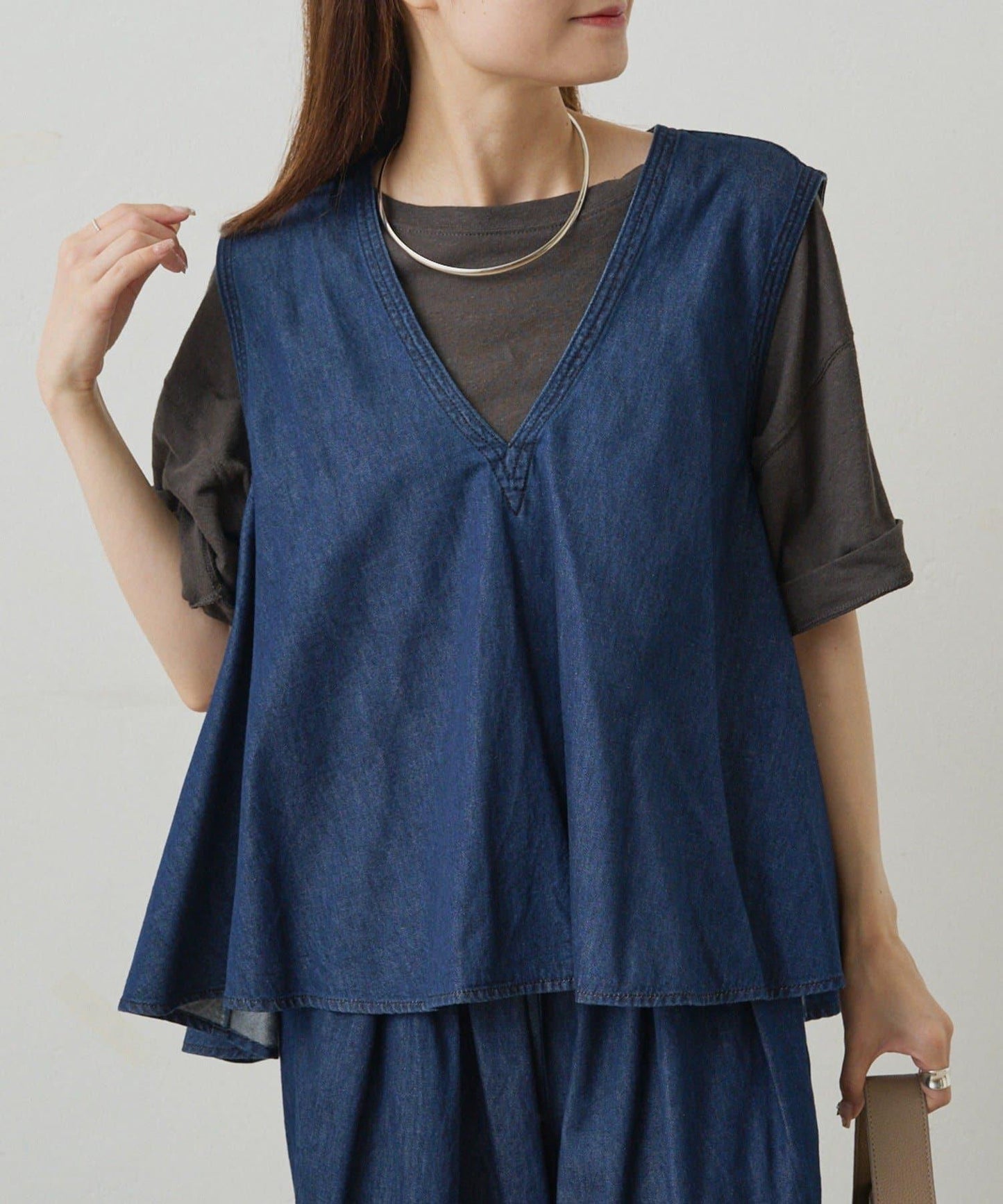 【套裝商品】牛仔喇叭袖上衣+休閒褲套裝