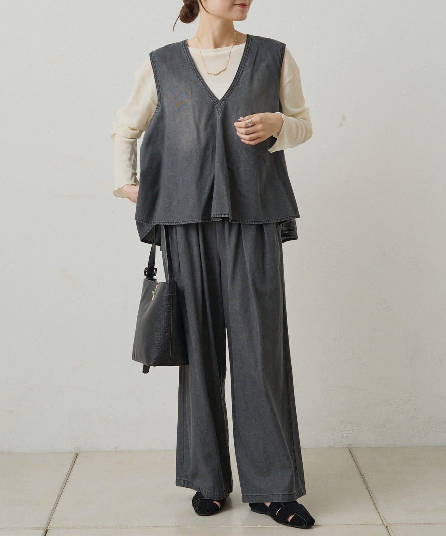 【套裝商品】牛仔喇叭袖上衣+休閒褲套裝