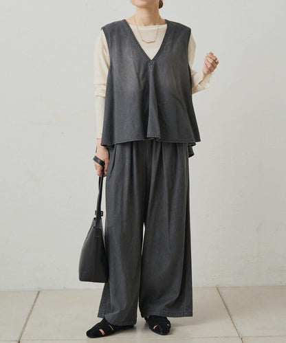 【套裝商品】牛仔喇叭袖上衣+休閒褲套裝