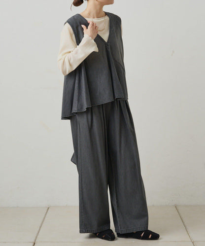 【套裝商品】牛仔喇叭袖上衣+休閒褲套裝