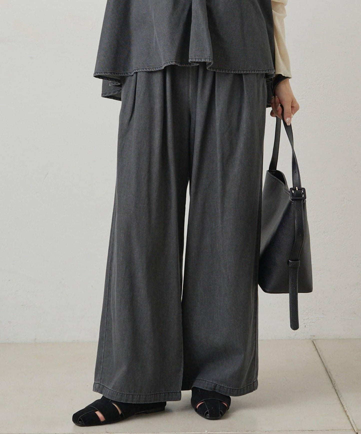 【套裝商品】牛仔喇叭袖上衣+休閒褲套裝