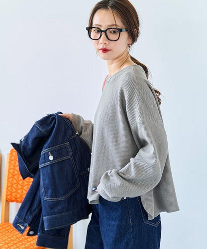 華夫格短款圓領套頭衫