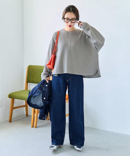 華夫格短款圓領套頭衫