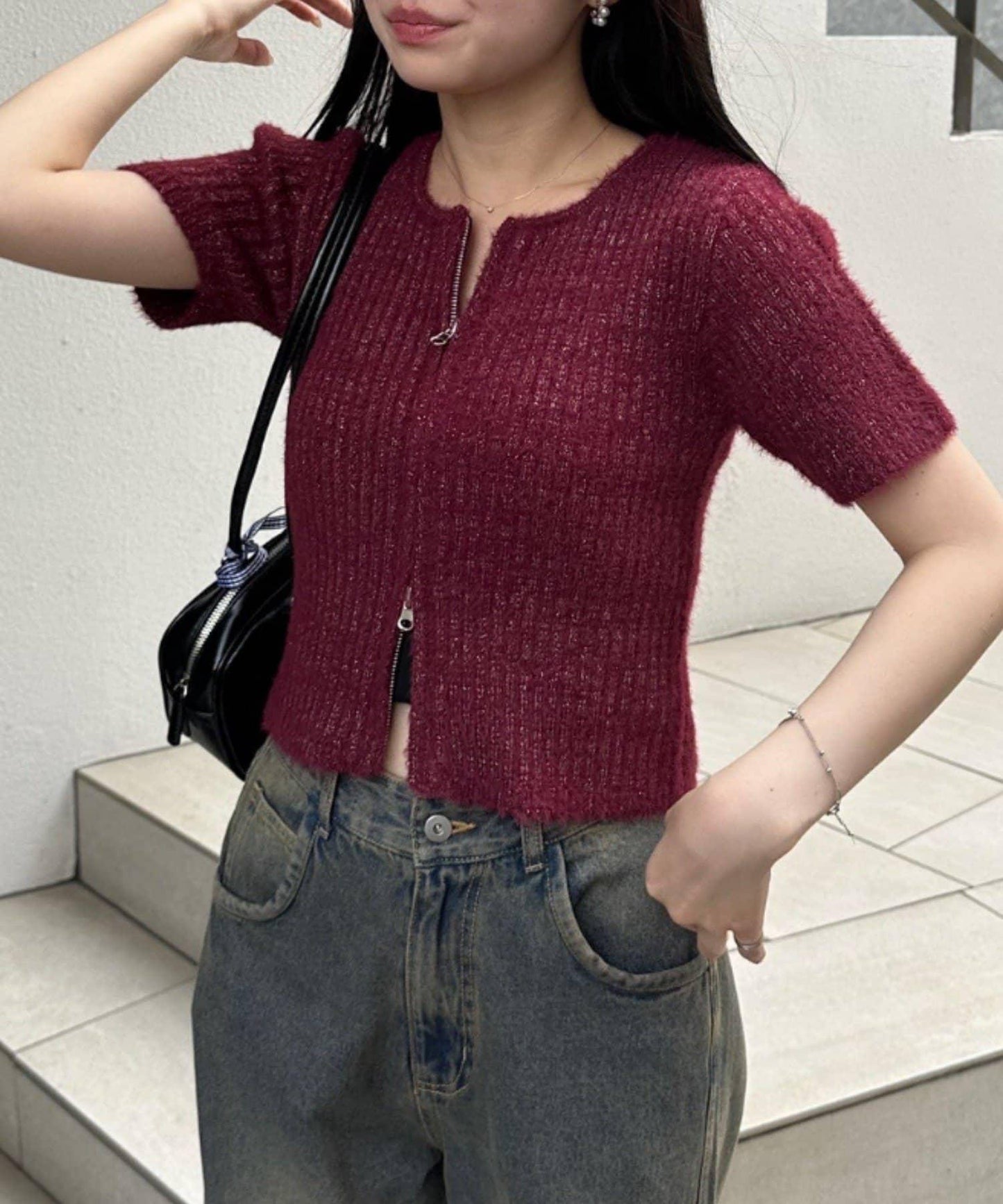 【RMAF】亮片羽毛雙拉鍊短袖針織衫