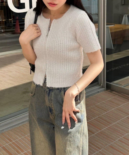 【RMAF】亮片羽毛雙拉鍊短袖針織衫