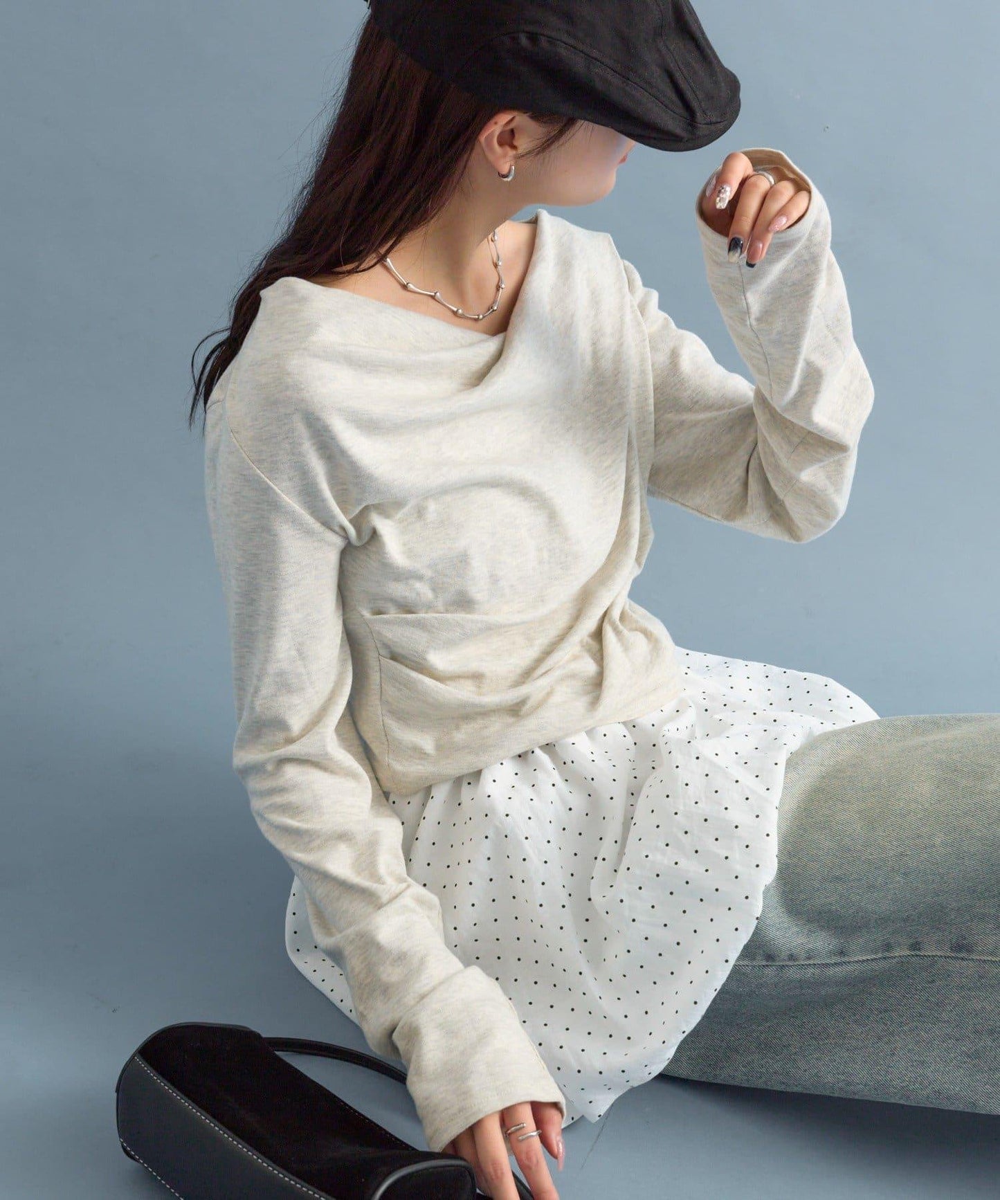 【人氣系列/新色白色・灰色2】一字肩長袖T恤※僅限電商渠道專屬顏色