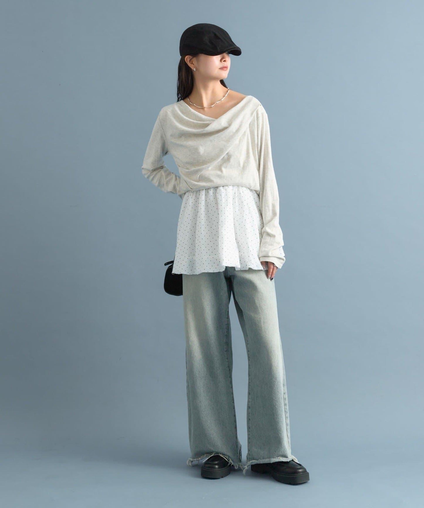 【人氣系列/新色白色・灰色2】一字肩長袖T恤※僅限電商渠道專屬顏色