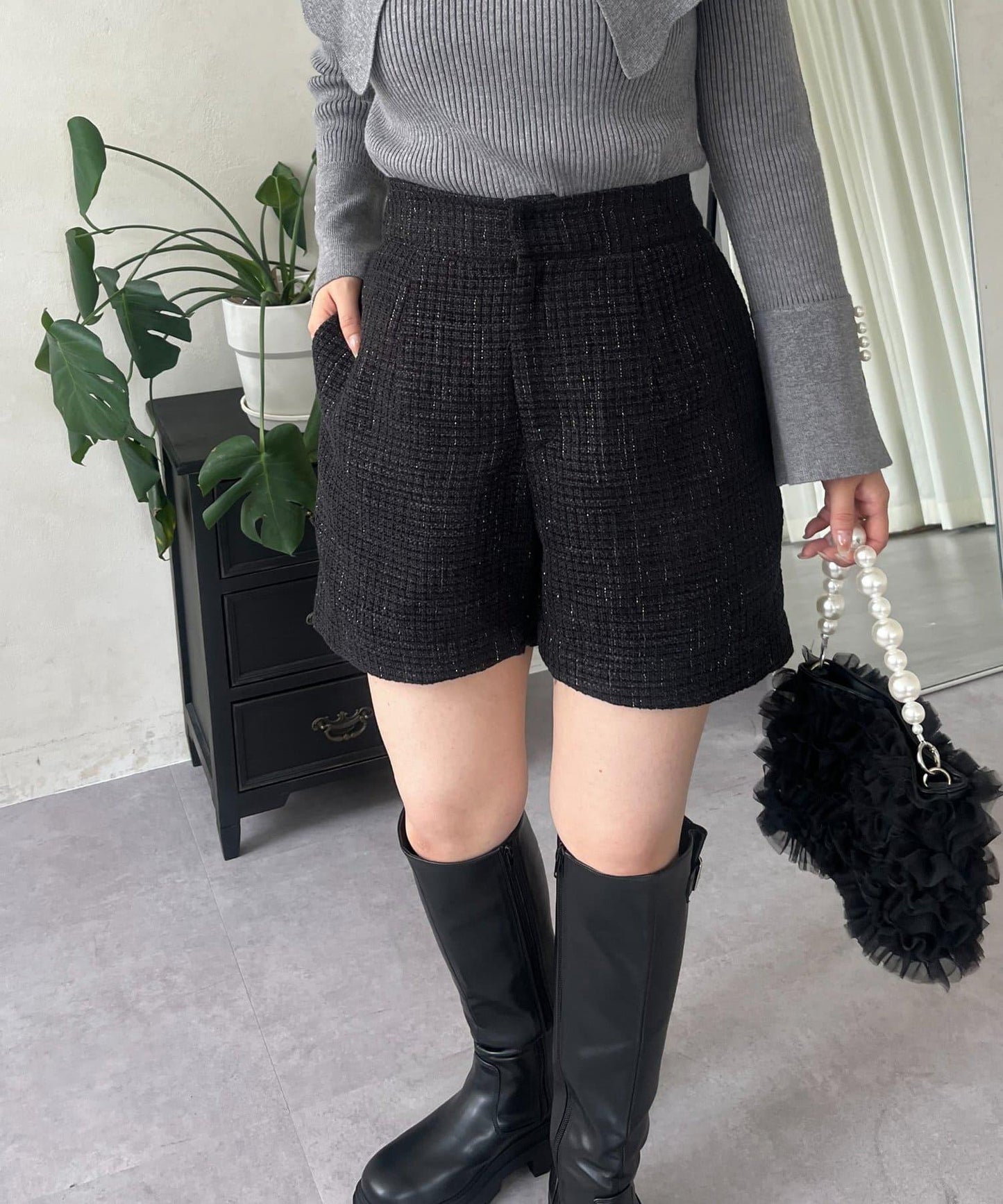 亮片粗花呢短褲