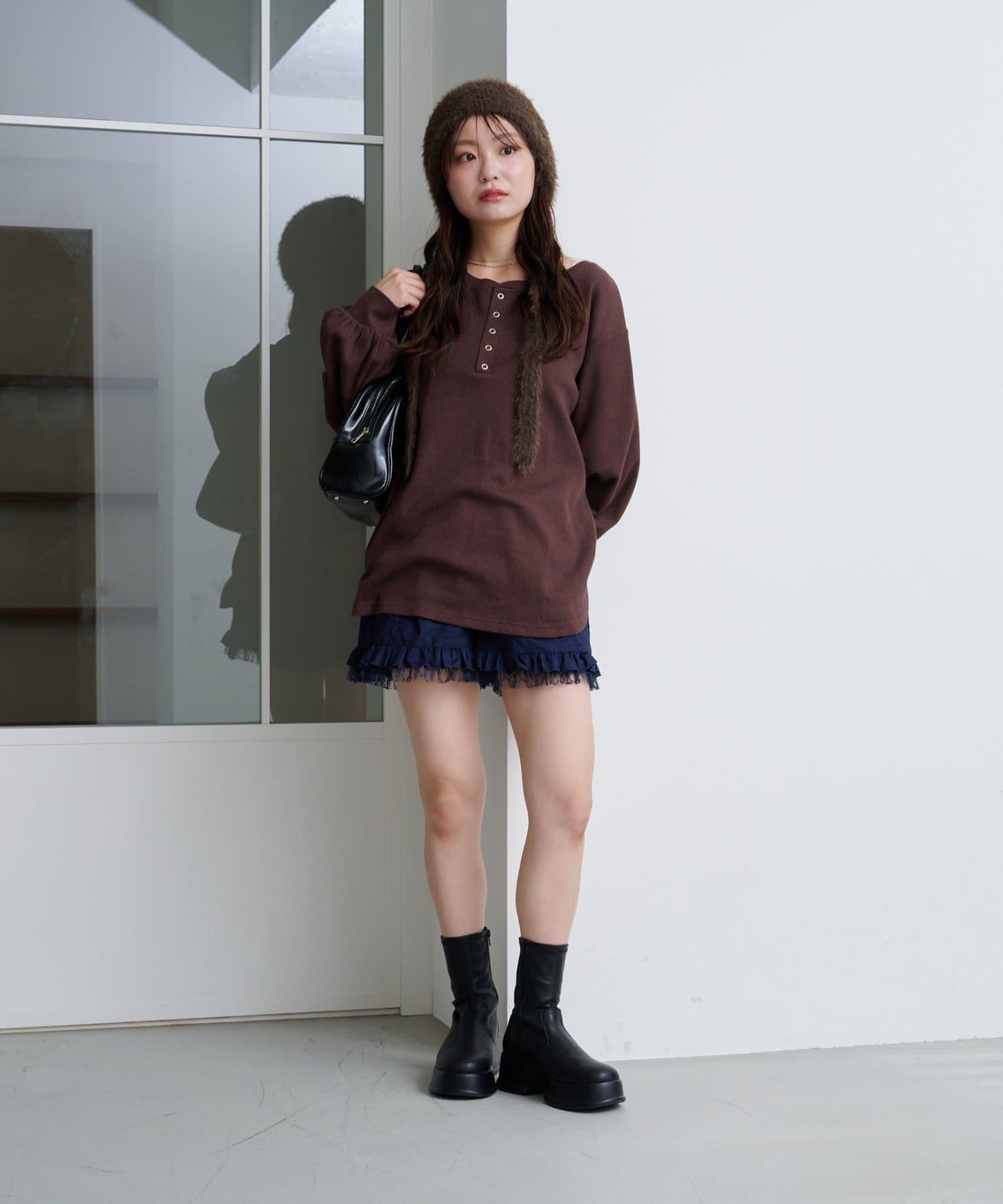 【S.M尺碼可選】華夫格亨利領套頭衫