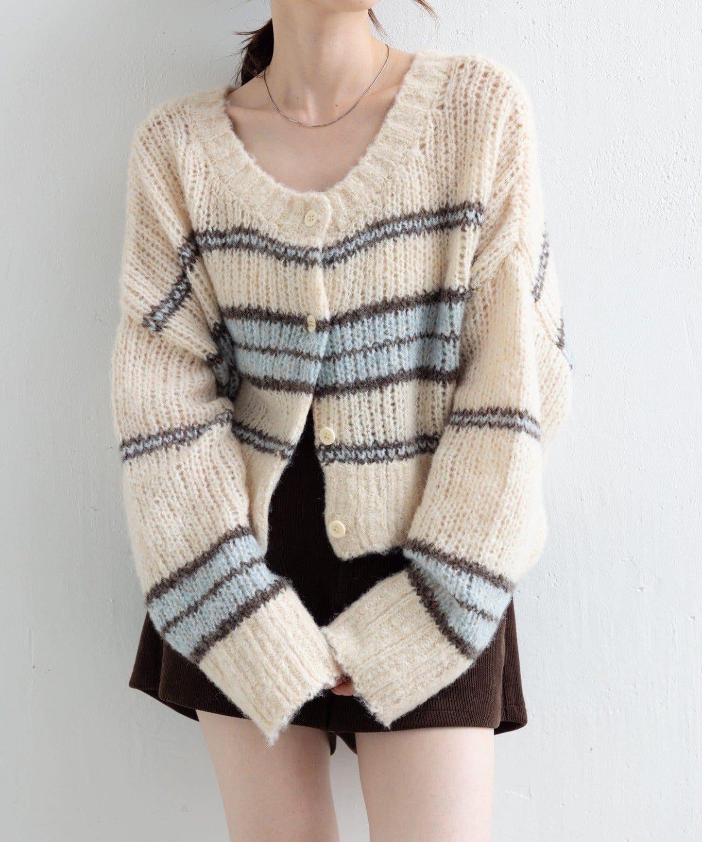 【Kastane】條紋仿馬海毛針織衫