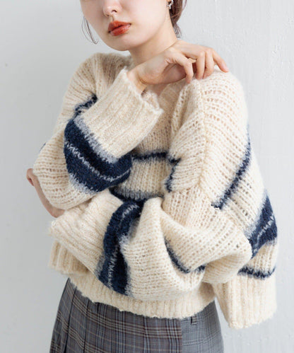 【Kastane】條紋仿馬海毛針織衫