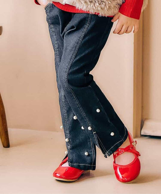 下襬珍珠水鑽喇叭可愛長褲 10分丈