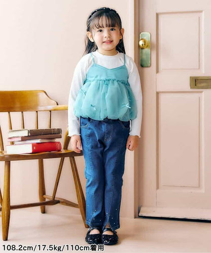 下襬珍珠水鑽喇叭可愛長褲 10分丈