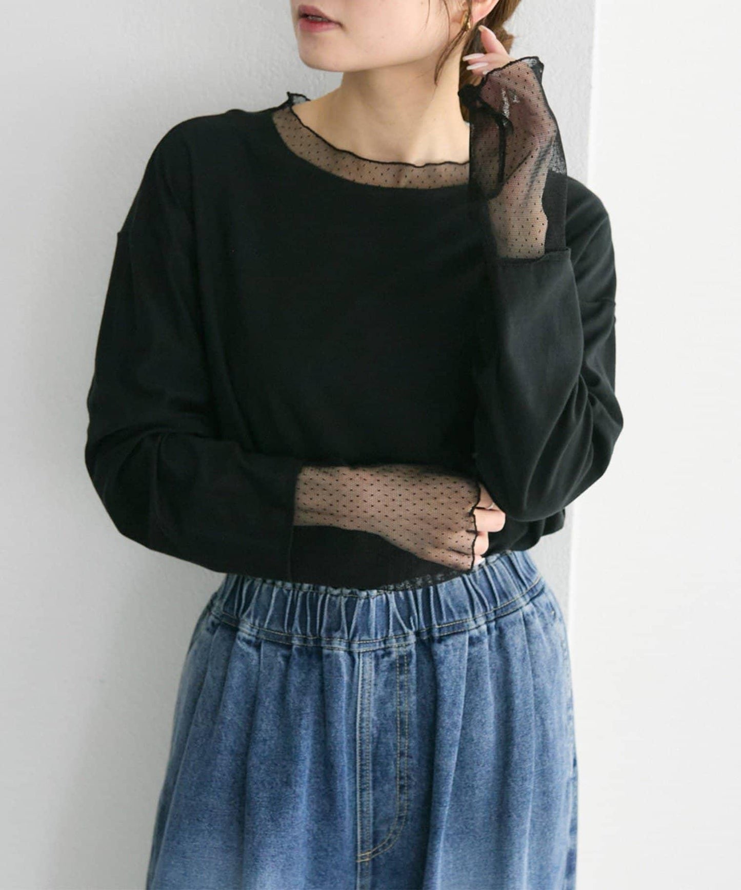 【復刻】波點網紗拼接疊穿長袖T恤