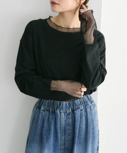 【復刻】波點網紗拼接疊穿長袖T恤