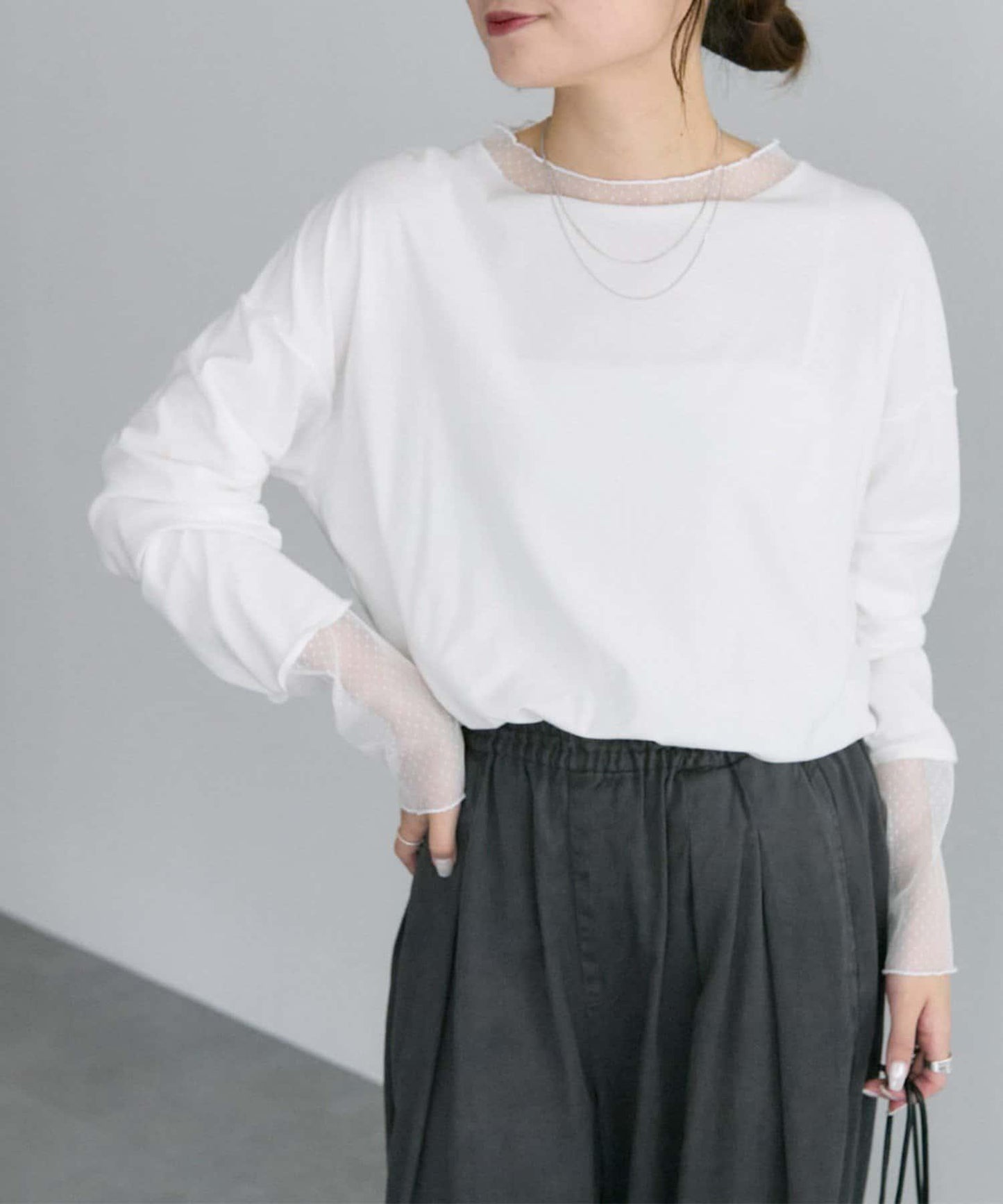 【復刻】波點網紗拼接疊穿長袖T恤