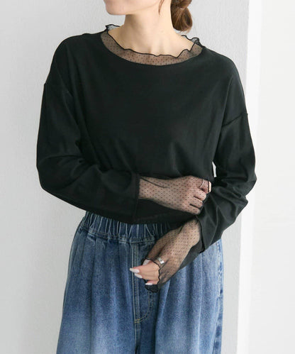 【復刻】波點網紗拼接疊穿長袖T恤