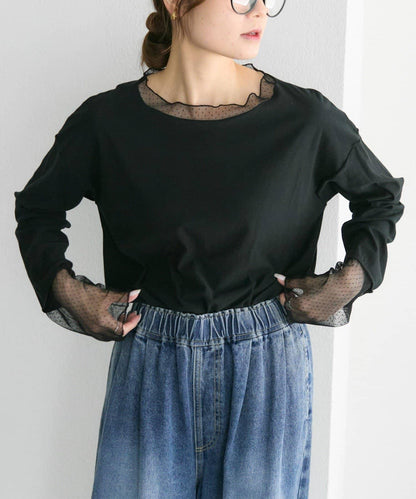 【復刻】波點網紗拼接疊穿長袖T恤