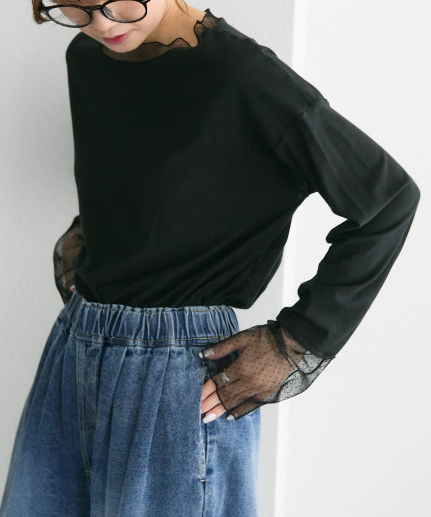 【復刻】波點網紗拼接疊穿長袖T恤