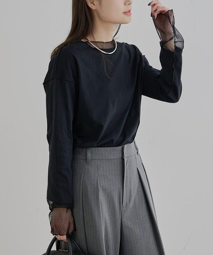 【復刻】波點網紗拼接疊穿長袖T恤