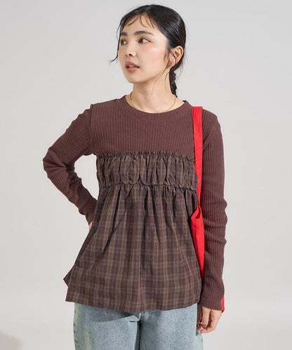 軍風羅紋拼接格紋長袖T恤