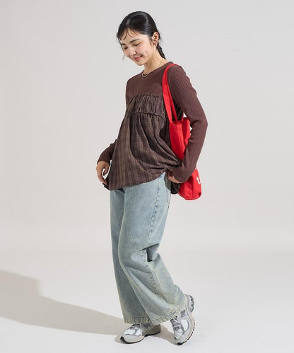 軍風羅紋拼接格紋長袖T恤