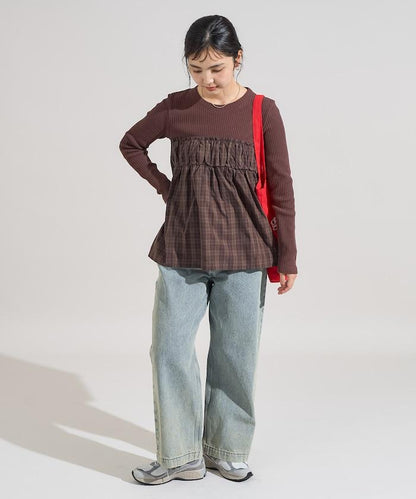 軍風羅紋拼接格紋長袖T恤