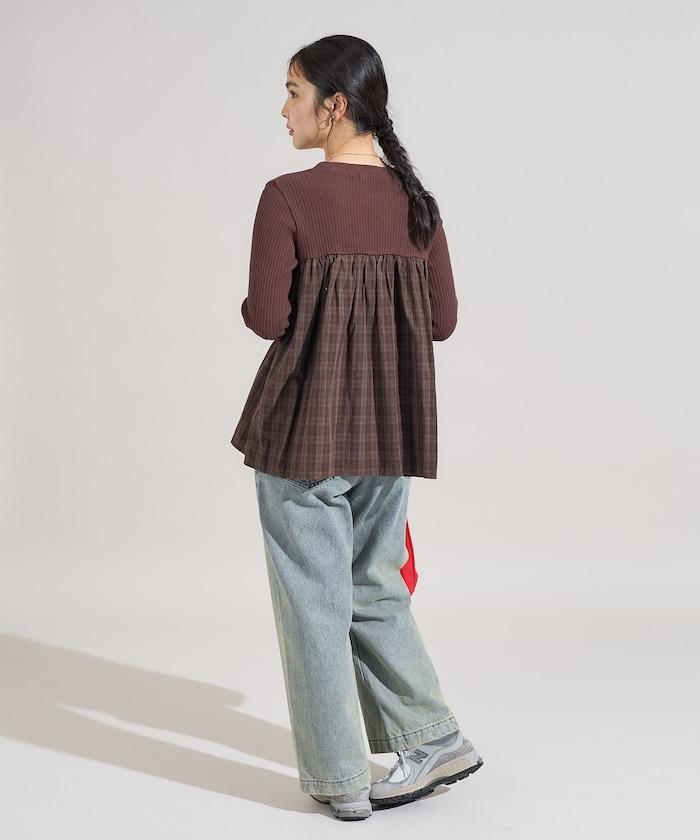 軍風羅紋拼接格紋長袖T恤