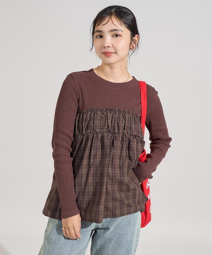 軍風羅紋拼接格紋長袖T恤