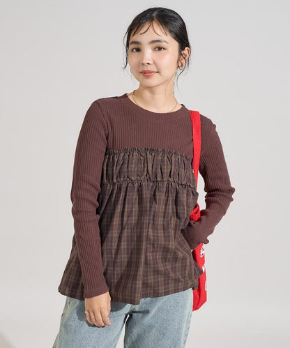 軍風羅紋拼接格紋長袖T恤