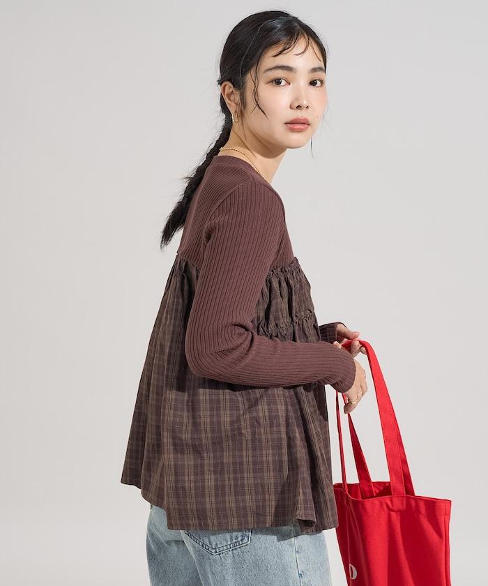 軍風羅紋拼接格紋長袖T恤