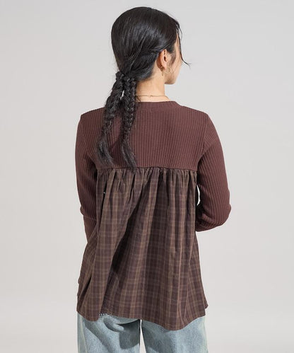 軍風羅紋拼接格紋長袖T恤