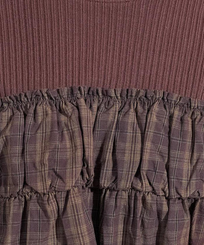 軍風羅紋拼接格紋長袖T恤