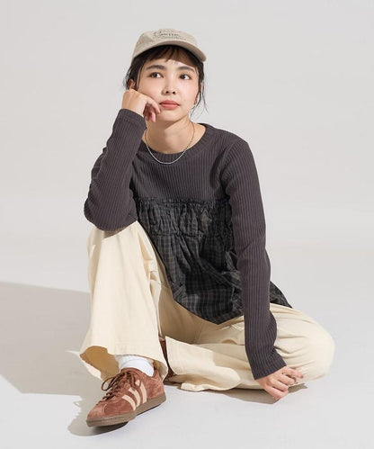 軍風羅紋拼接格紋長袖T恤