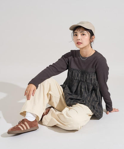 軍風羅紋拼接格紋長袖T恤